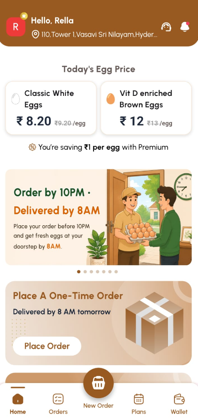 The Flygoog mobile app showing fresh egg products and categories